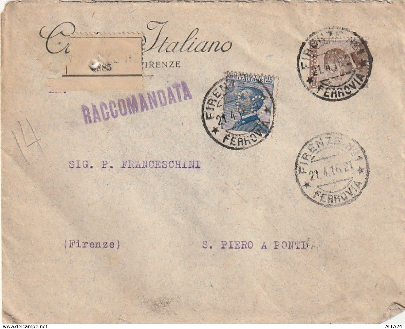 RACCOMANDATA 1916 C.25+40 CREDITO ITALIANO PERFIN (XT3375 - Marcophilie