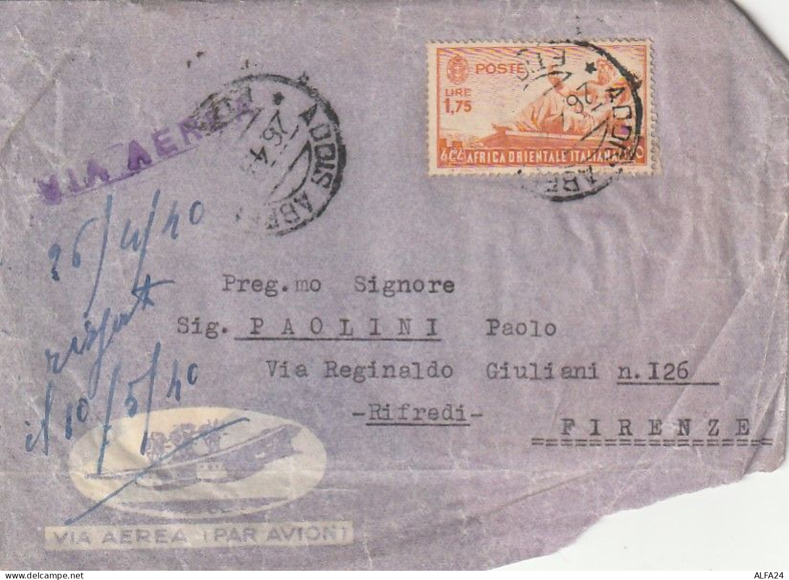 LETTERA 1940 L.1,75 AFRICA ORIENTALE ITALIANA TIMBRO ADDIS ABEBA Con Contenuto-CATTIVO STATO (XT3333 - Italian Eastern Africa