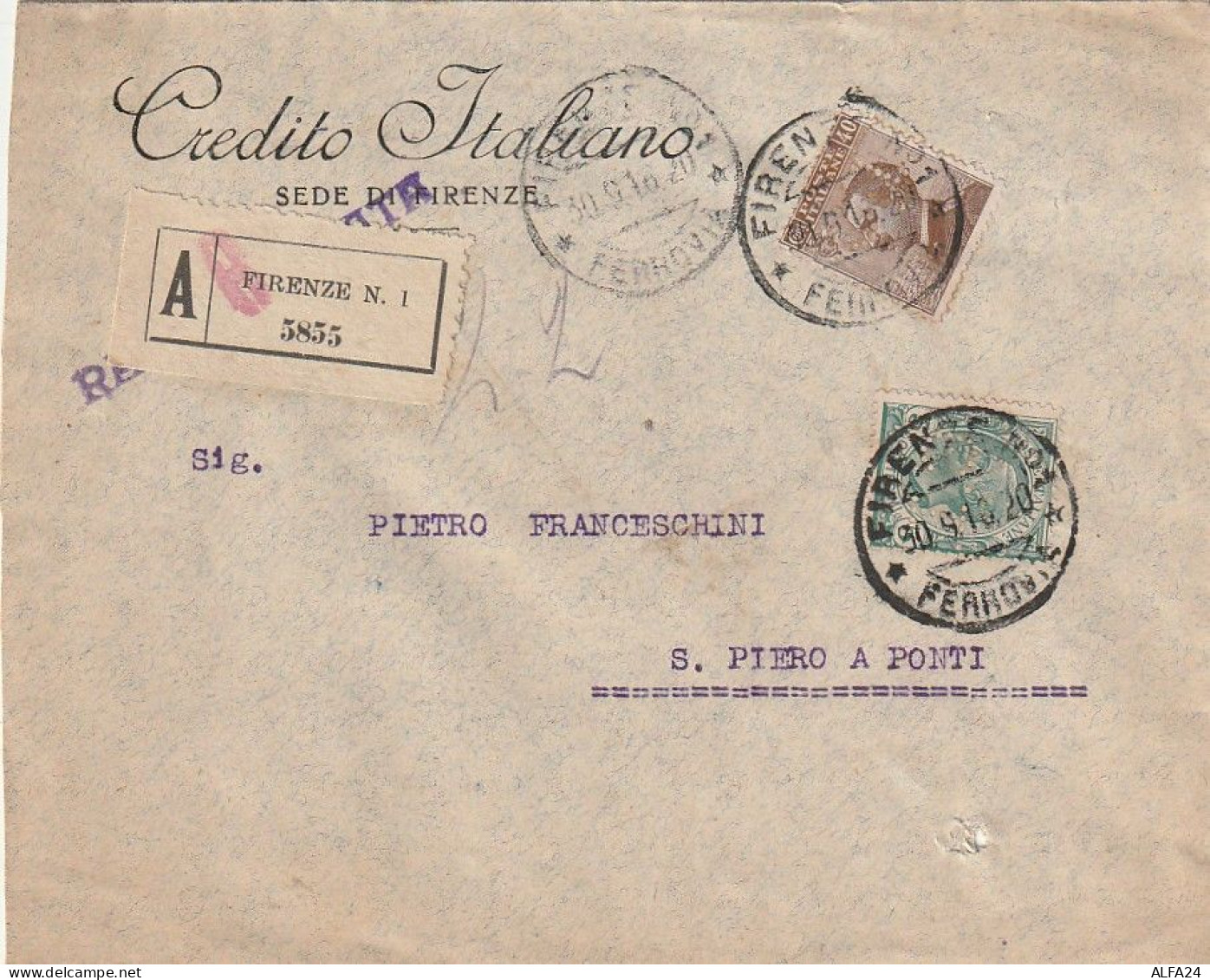 ASSICURATA 1916 C.40+5 CREDITO ITALIANO PERFIN (XT3318 - Marcophilie
