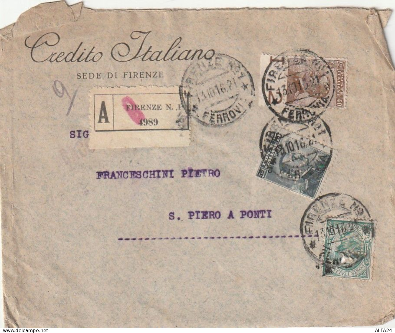 ASSICURATA 1916 C40+5+20 SS 15 CREDITO ITALIANO PERFIN (XT3319 - Marcofilía