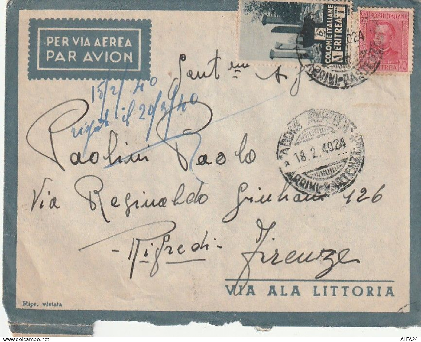 LETTERA 1940 C.75+1 ERITREA Con Contenuto TIMBRO ADDIS ABEBA (XT3323 - Eritrea