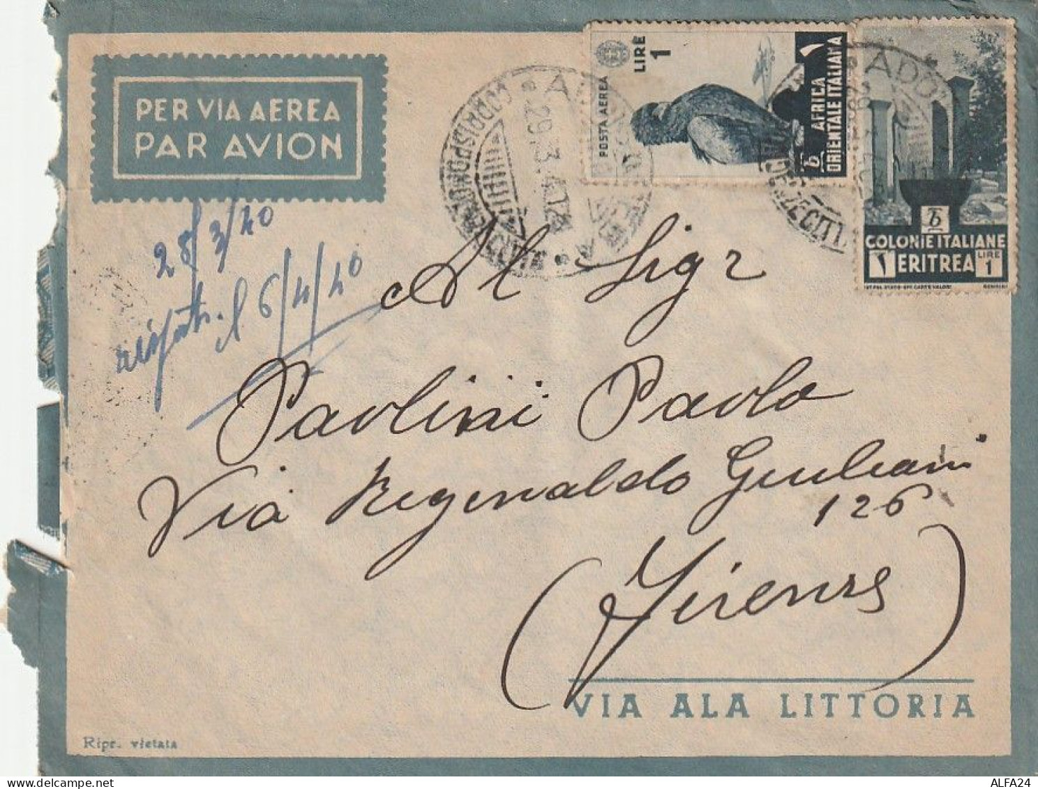 LETTERA 1941 L.1+1 ERITREA Con Contenuto TIMBRO ADDIS ABEBA (XT3321 - Eritrea