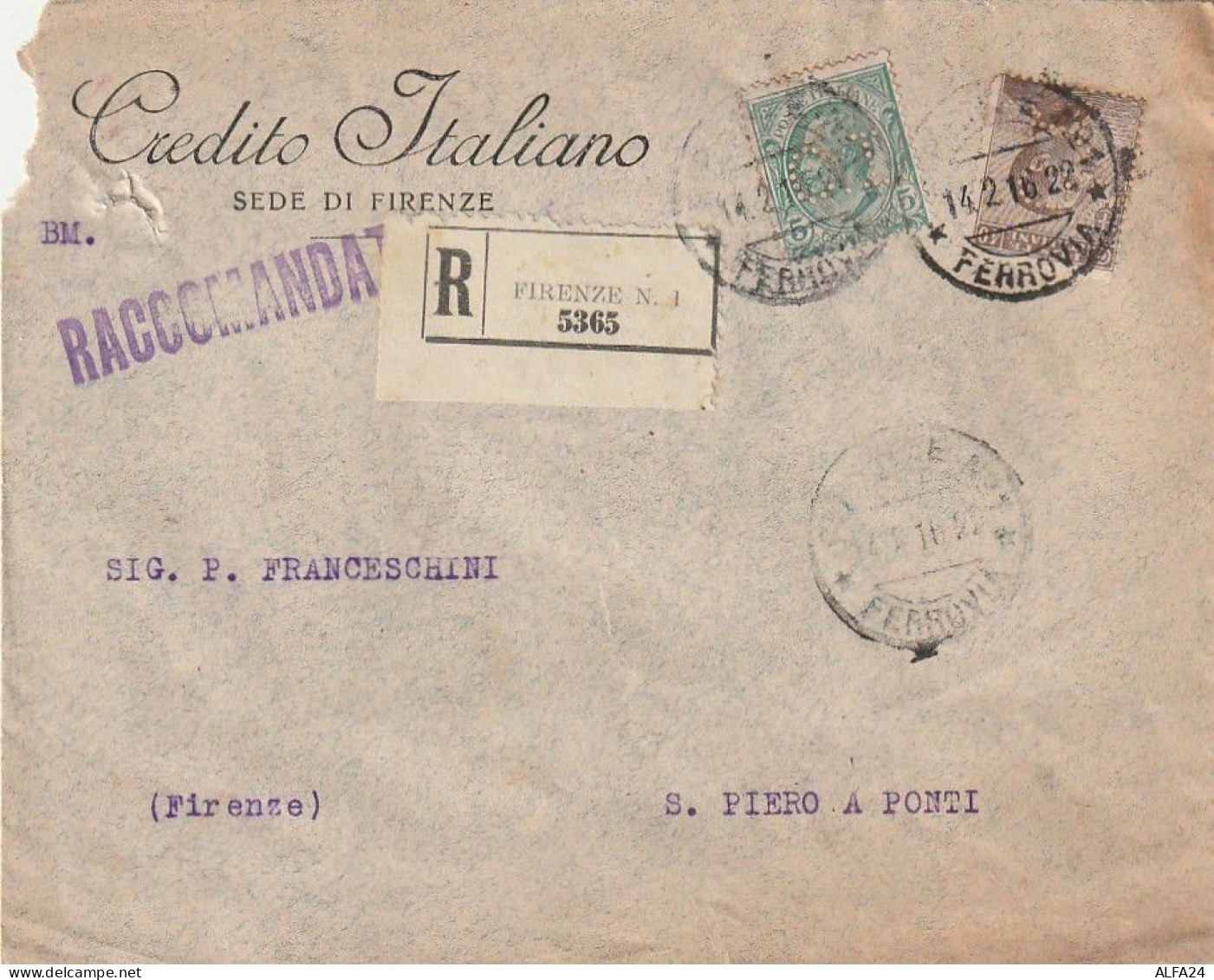 RACCOMANDATA 1916 C.5+40 CREDITO ITALIANO PERFIN (XT3314 - Marcophilie