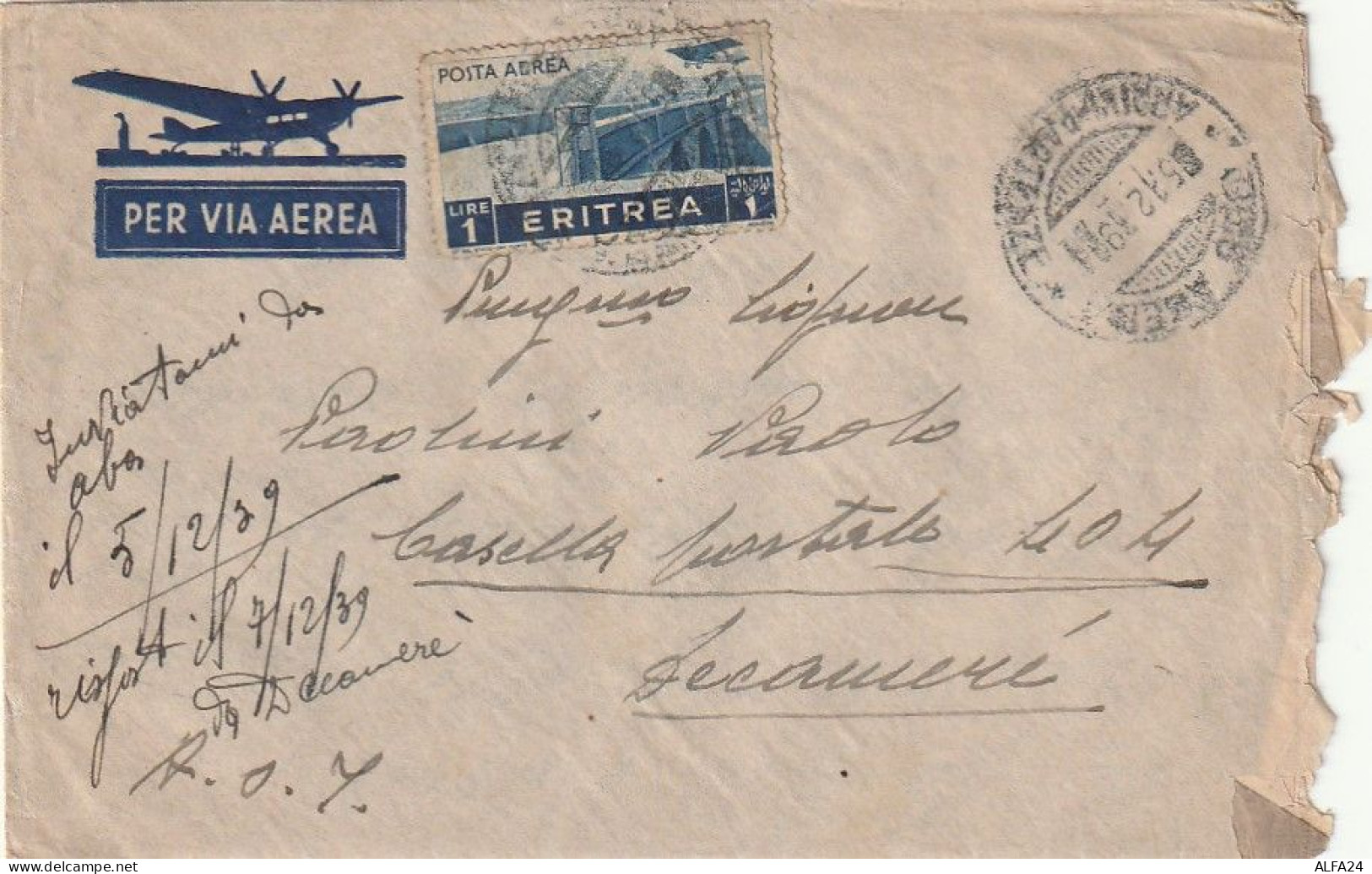 LETTERA 1939 ERITREA L. 1 TIMBRO ADIS ABEBA Con Contenuto (XT3290 - Erythrée