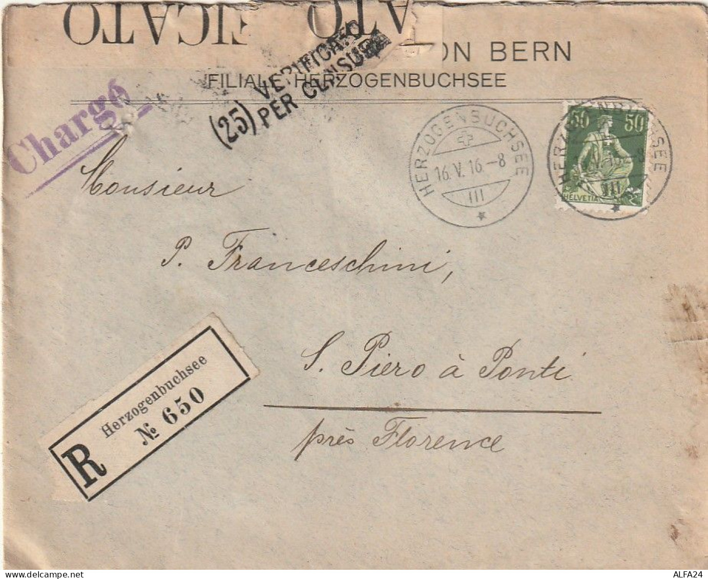RACCOMANDATA 1916 SVIZZERA 50 HERZOGENBUCHSEE (XT3273 - Cartas & Documentos