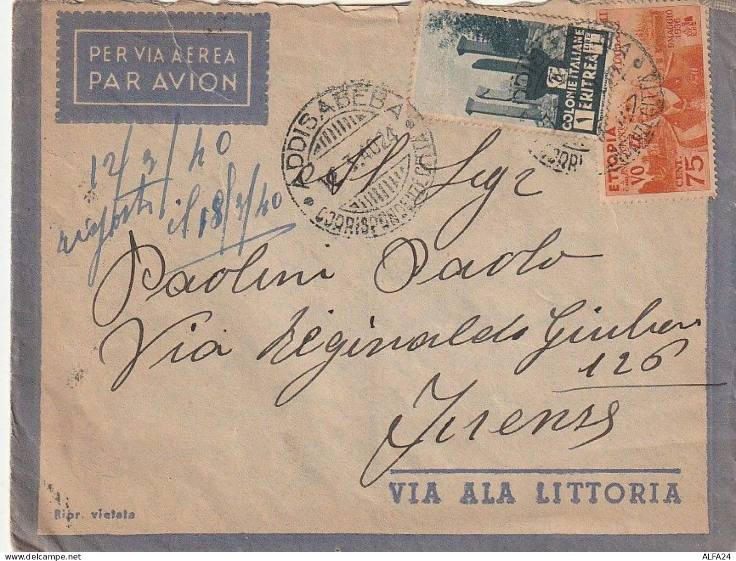 LETTERA 1940 L.1+75 ERITREA Con Contenuto TIMBRO RIFREDI FIRENZE (XT3272 - Erythrée