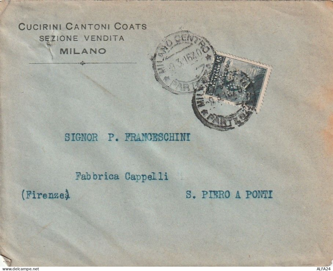 LETTERA 1916 C.20 SS 15 CUCIRINI PERFIN (XT3236 - Marcophilia