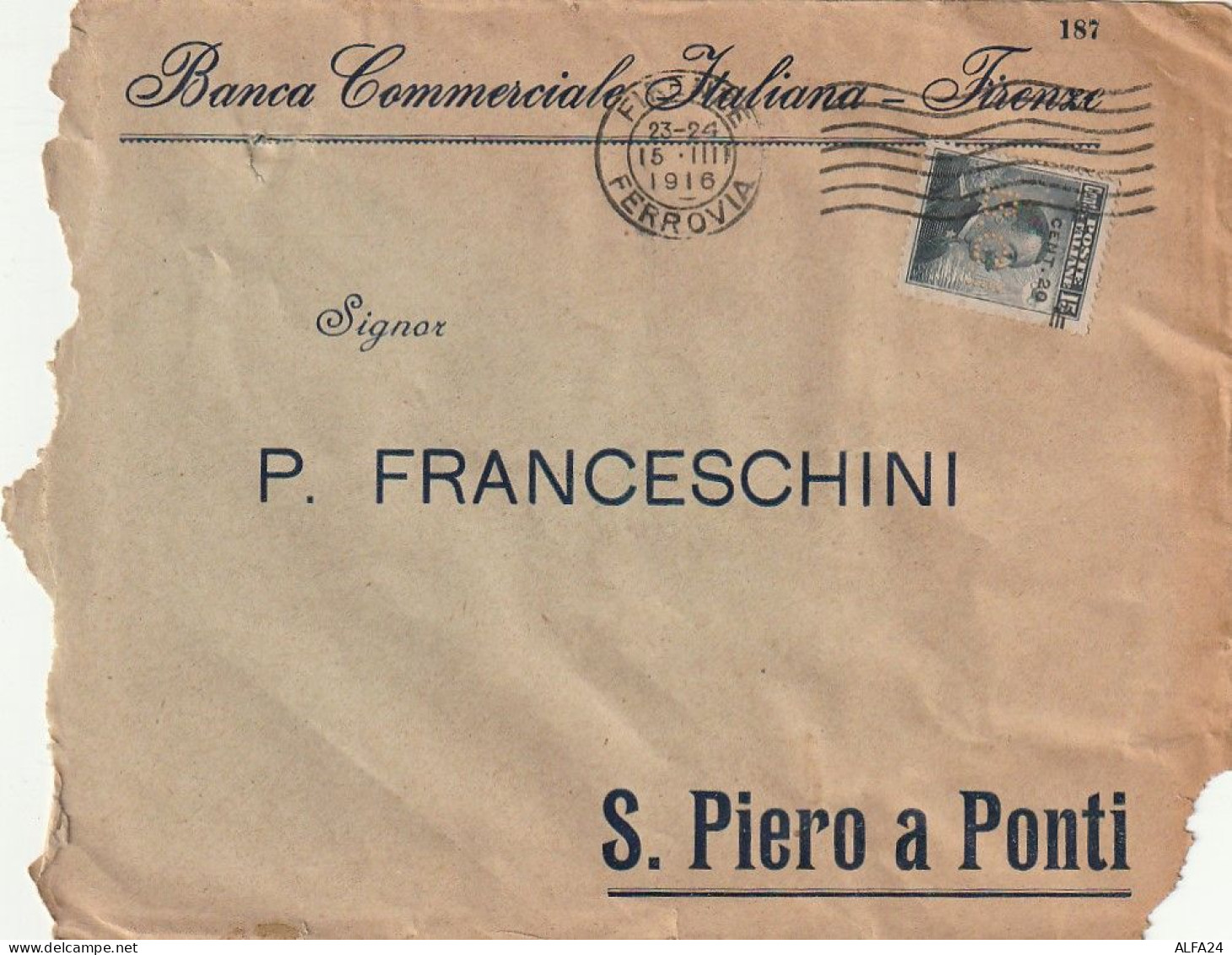 LETTERA 1915 C.20 SS 15 BANCA COMMERCIALE - PERFIN - SS SPOSTATA (XT3232 - Marcophilia