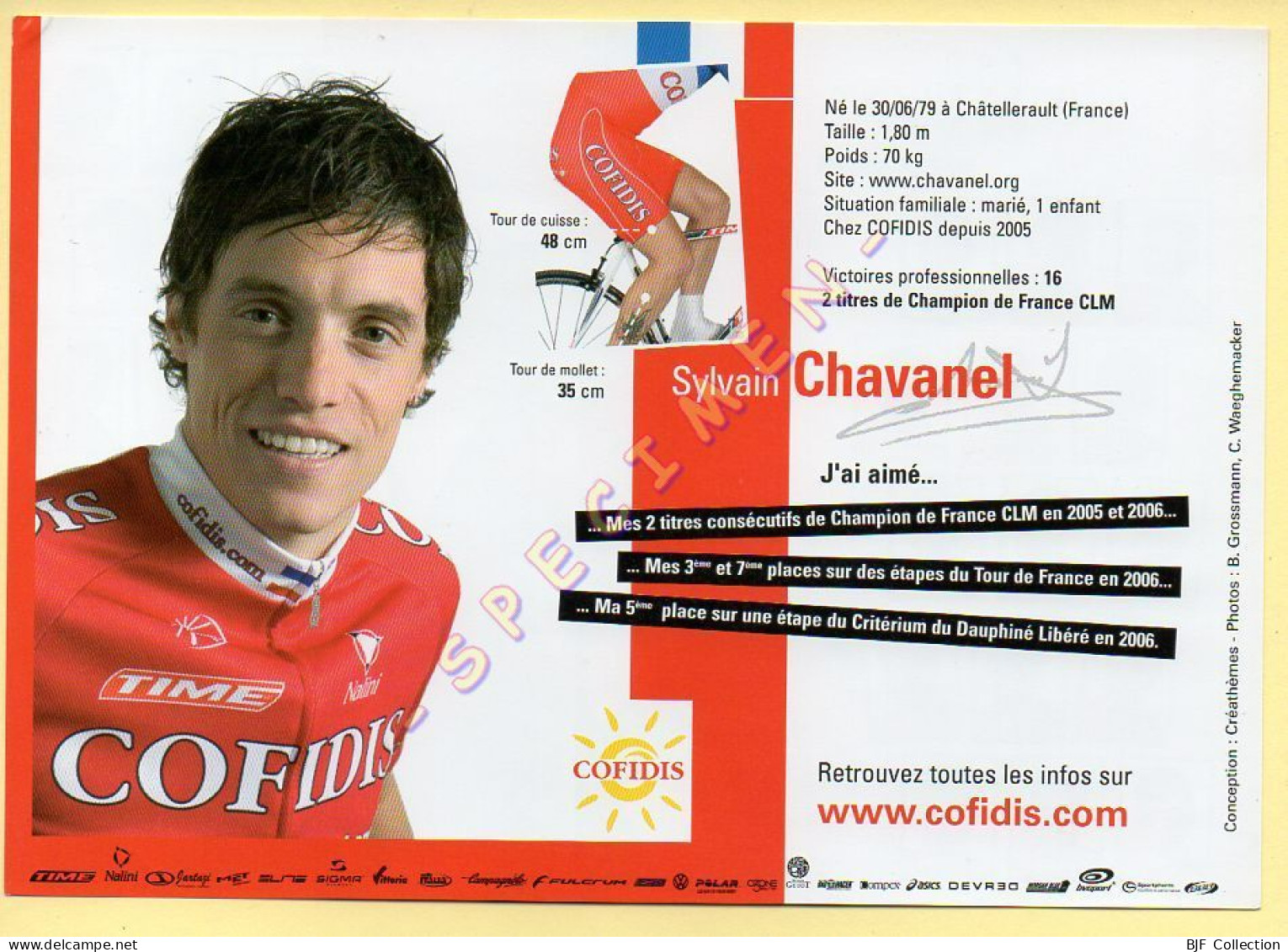 Cyclisme : Sylvain CHAVANEL – Equipe COFIDIS 2007 – Format 20 X 14 Cm (signature Imprimée Sur La Carte) - Wielrennen