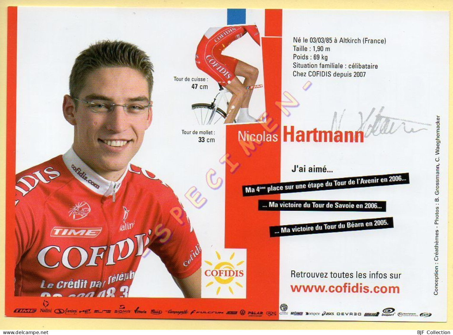 Cyclisme : Nicolas HARTMANN – Equipe COFIDIS 2007 – Format 20 X 14 Cm (signature Imprimée Sur La Carte) - Cycling