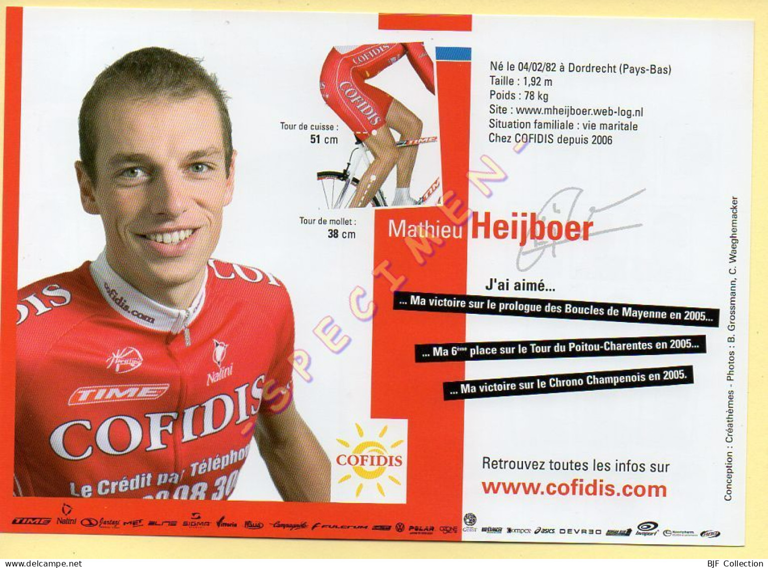 Cyclisme : Mathieu HEIJBOER – Equipe COFIDIS 2007 – Format 20 X 14 Cm (signature Imprimée Sur La Carte) - Cycling