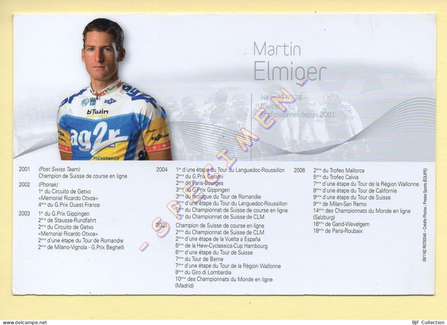 Cyclisme : Martin ELMIGER – Equipe AG2R Prévoyance 2007 (voir Scan Recto/verso) - Cycling