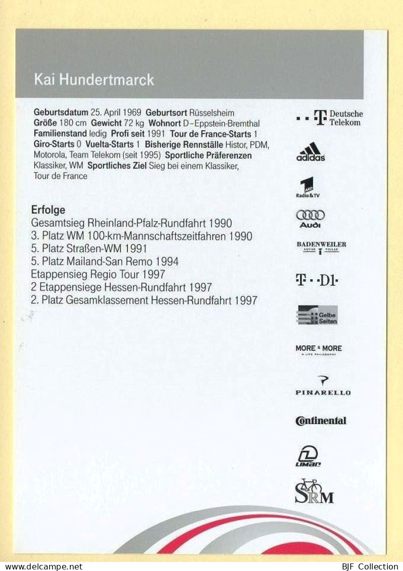 Cyclisme : Kai HUNDERTMARCK - Equipe Deutsche Telekom 2000 (voir Scan Recto/verso) - Cycling