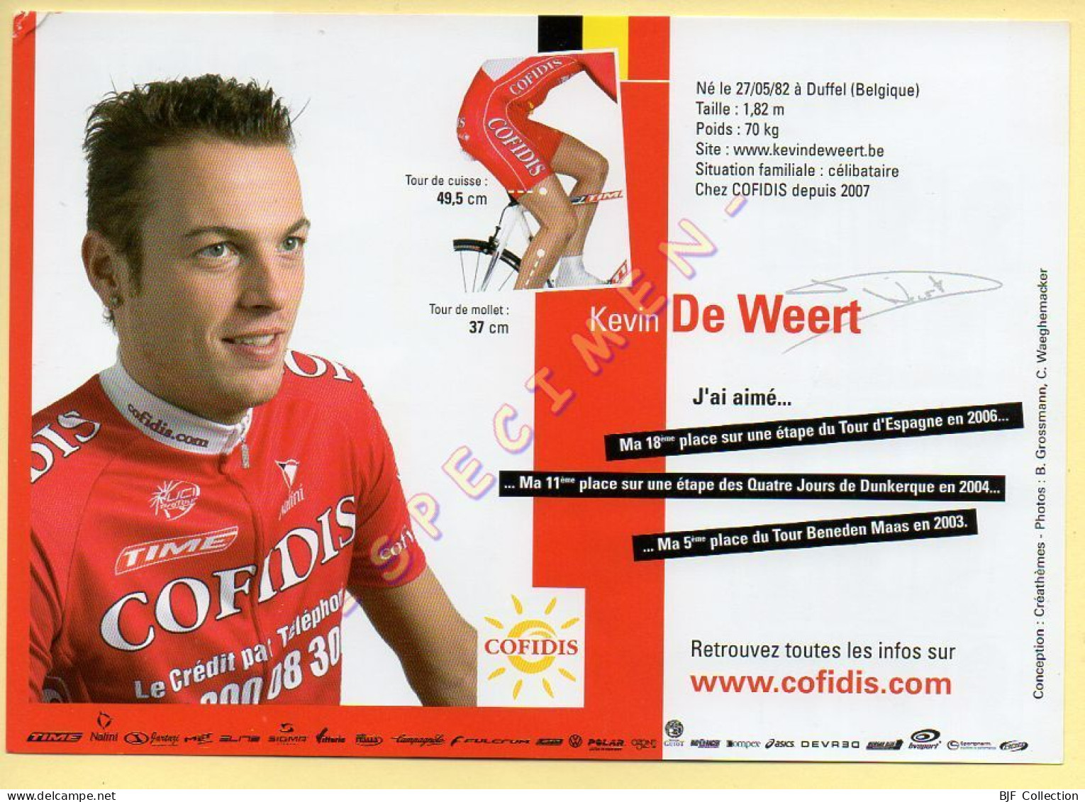 Cyclisme : Kevin DE WEERT – Equipe COFIDIS 2007 – Format 20 X 14 Cm (signature Imprimée Sur La Carte) - Cycling