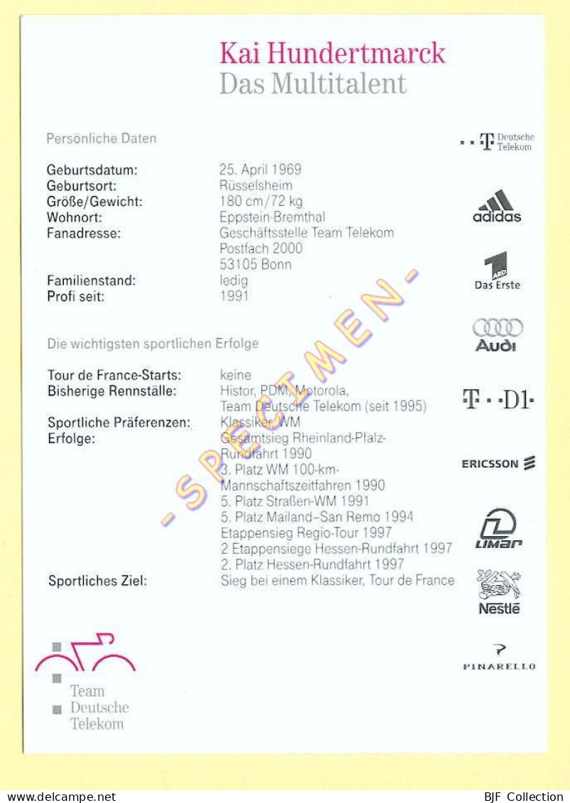 Cyclisme : Kai HUNDERTMARCK – Equipe DEUTSCHE TELEKOM 1998 (voir Scan Recto/verso) - Cycling