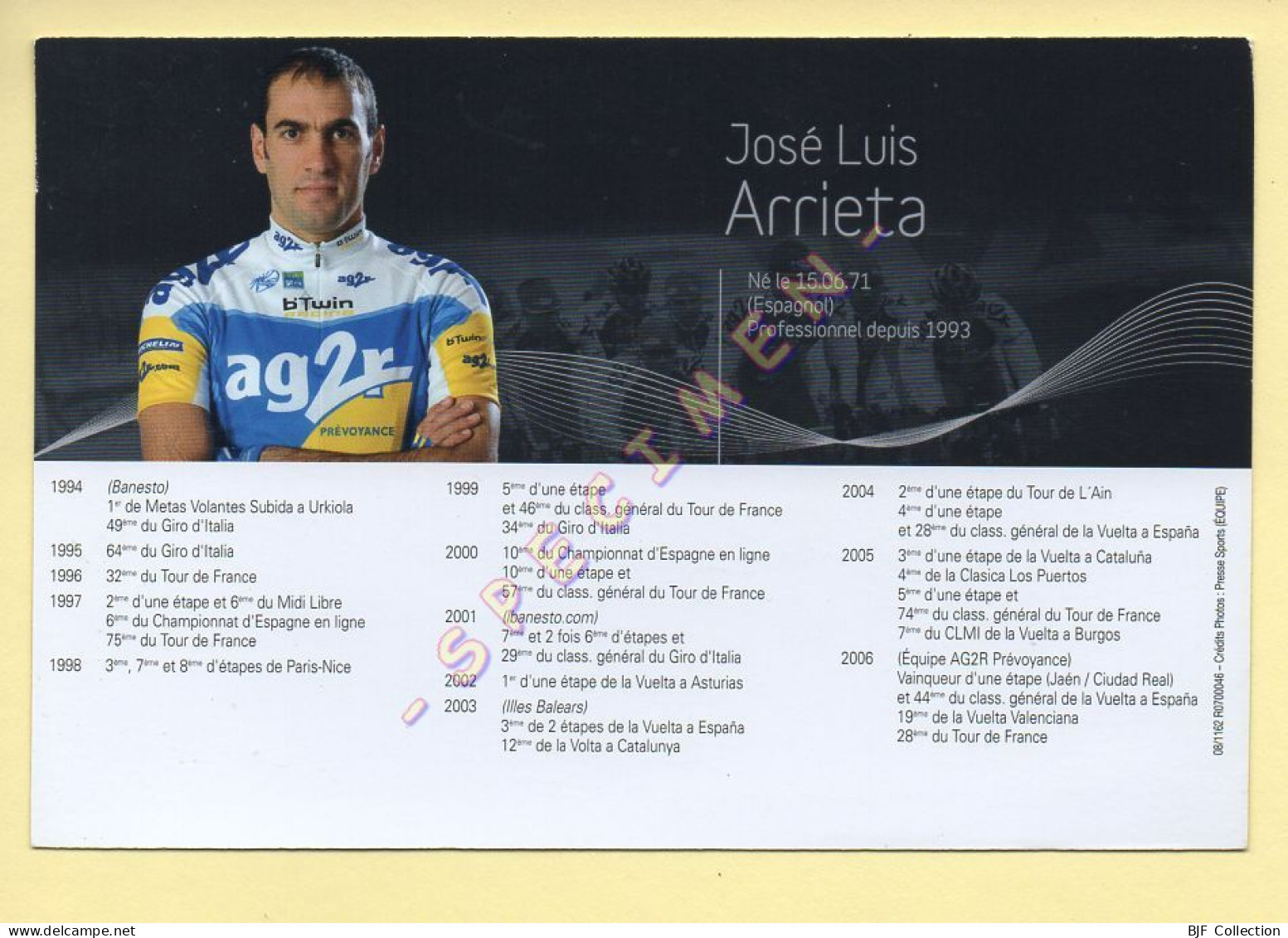 Cyclisme : José Luis ARRIETA – Equipe AG2R Prévoyance 2007 (voir Scan Recto/verso) - Cycling