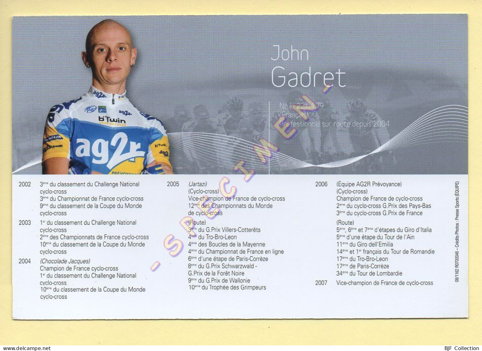 Cyclisme : John GADRET – Equipe AG2R Prévoyance 2007 (voir Scan Recto/verso) - Cycling