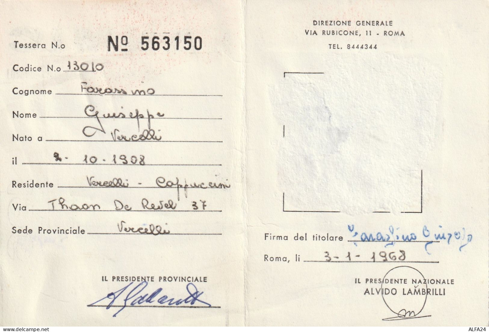 TESSERA 1968 LANMIC (XT4006 - Membership Cards
