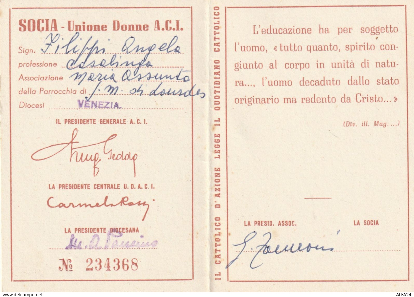 TESSERA 1956 UNIONE DONNE AZIONE CATTOLICA (XT4005 - Lidmaatschapskaarten