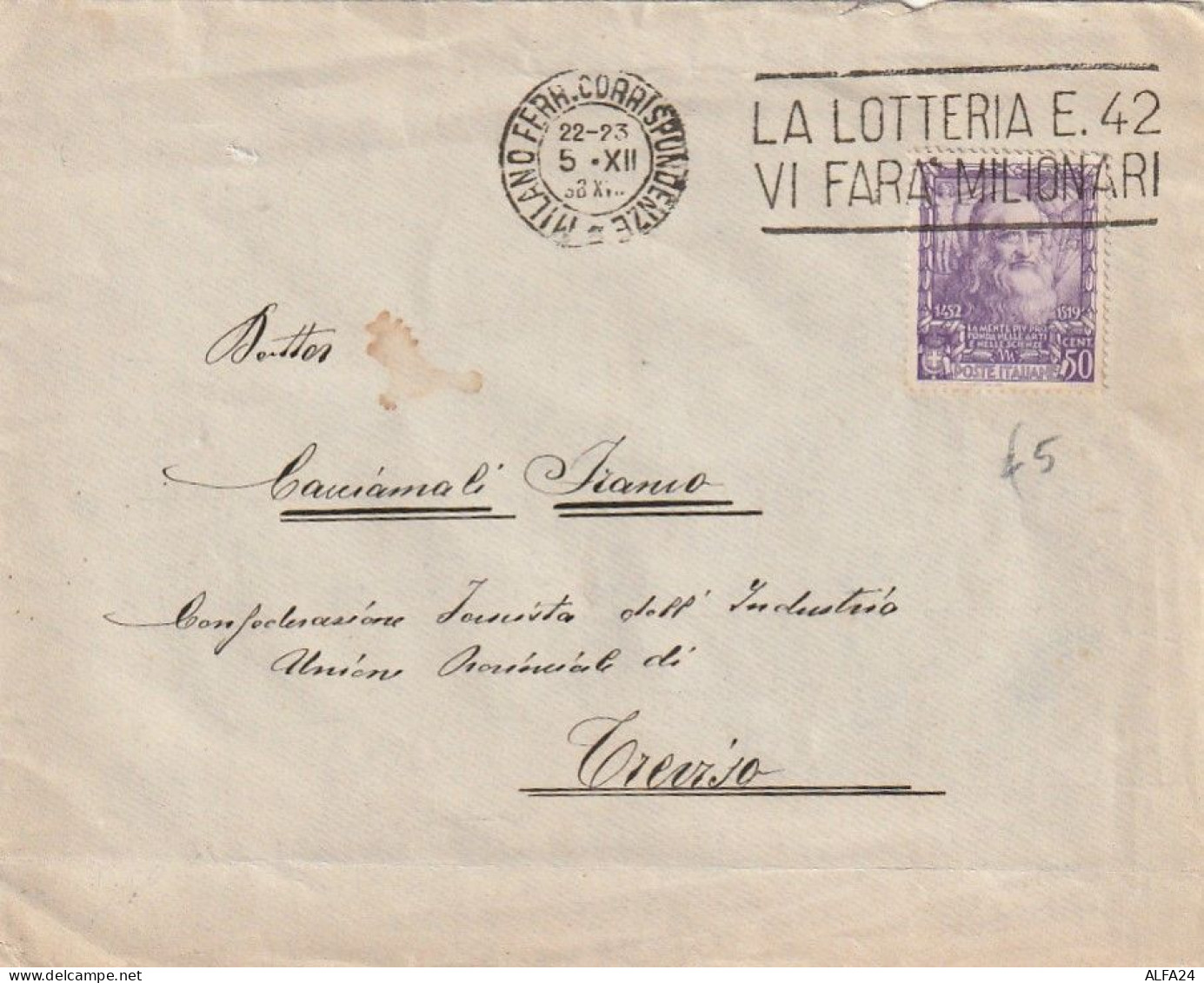 LETTERA 1938 C.50 LEONARDO TIMBRO LA LOTTERIA - MILANO (XT3983 - Marcofilie