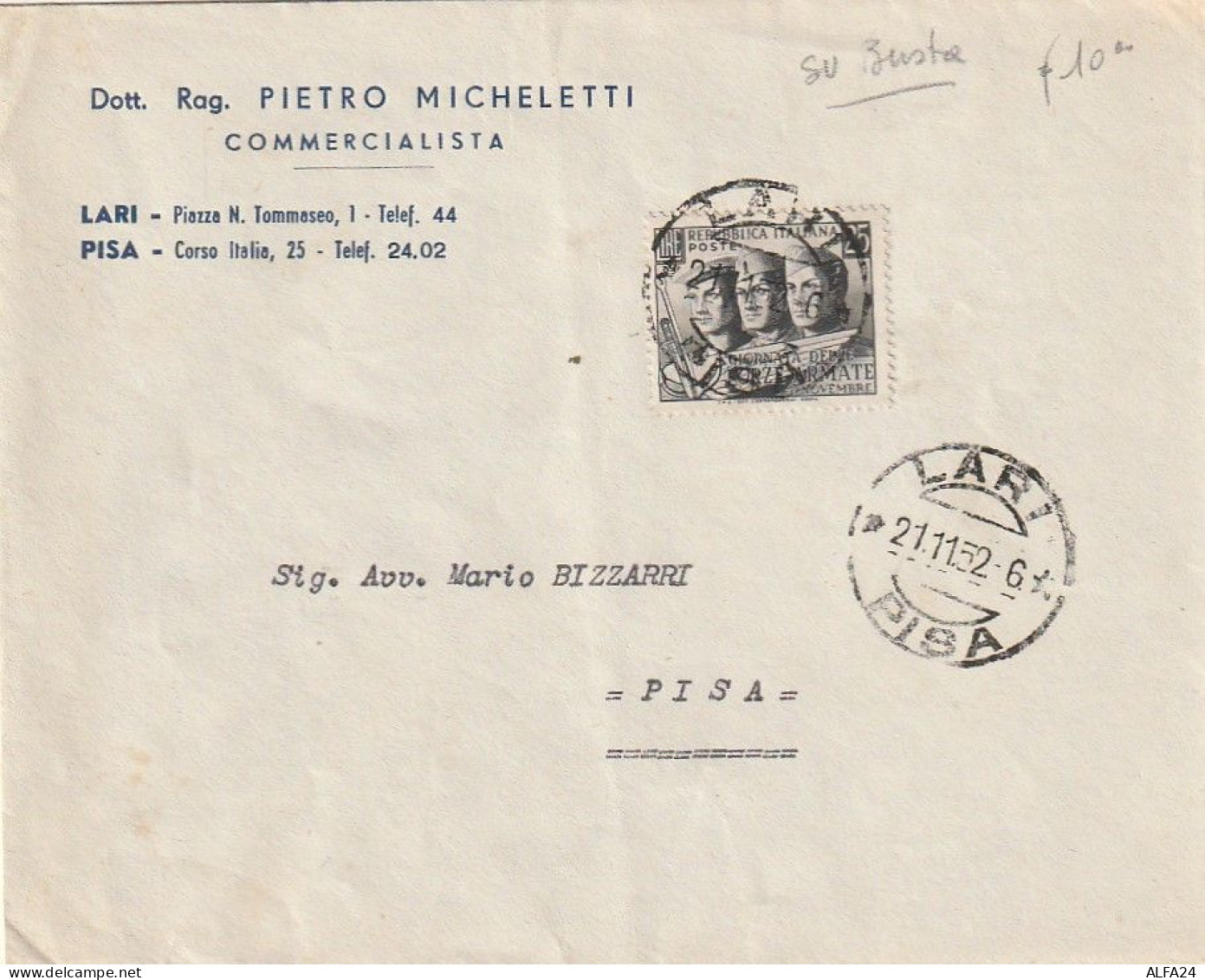 LETTERA 1952 L.25 FFAA TIMBRO LARI PISA (XT3970 - 1946-60: Poststempel