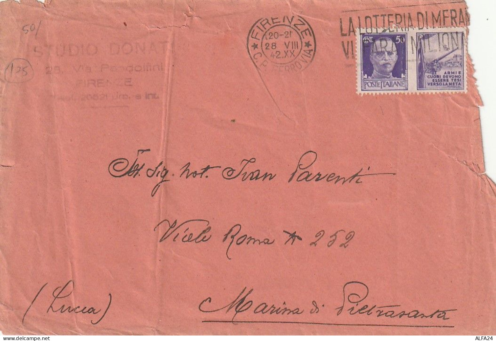 LETTERA 1942 C.50 PROPAGANDA TIMBRO LA LOTTERIA FIRENZE Cattivo Stato (XT3966 - Marcofilía