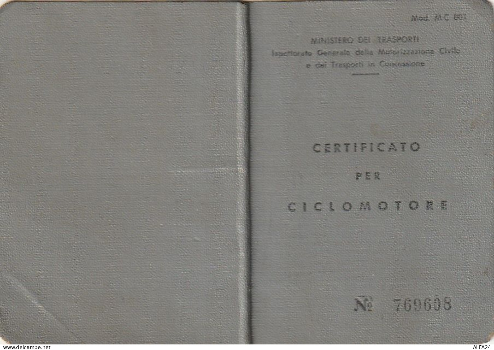 CERTIFICATO PER CICLOMOTORE 1962 CON MDB (XT3779 - Italy