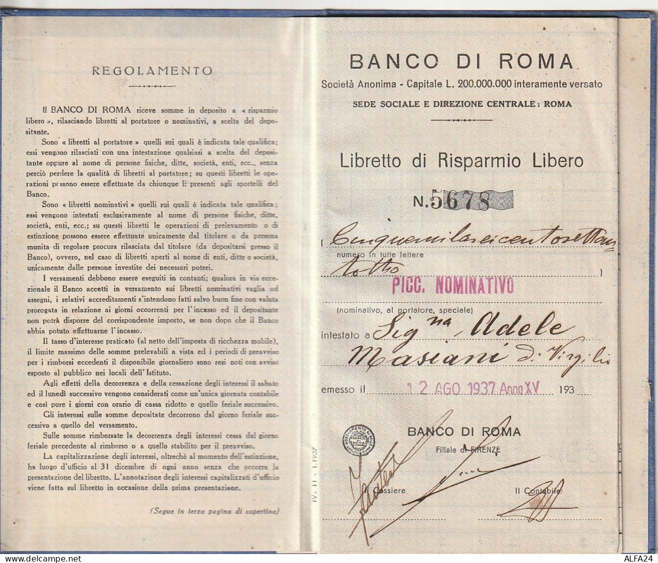 LIBRETTO BANCO DI ROMA 1937 (XT3778 - Italy