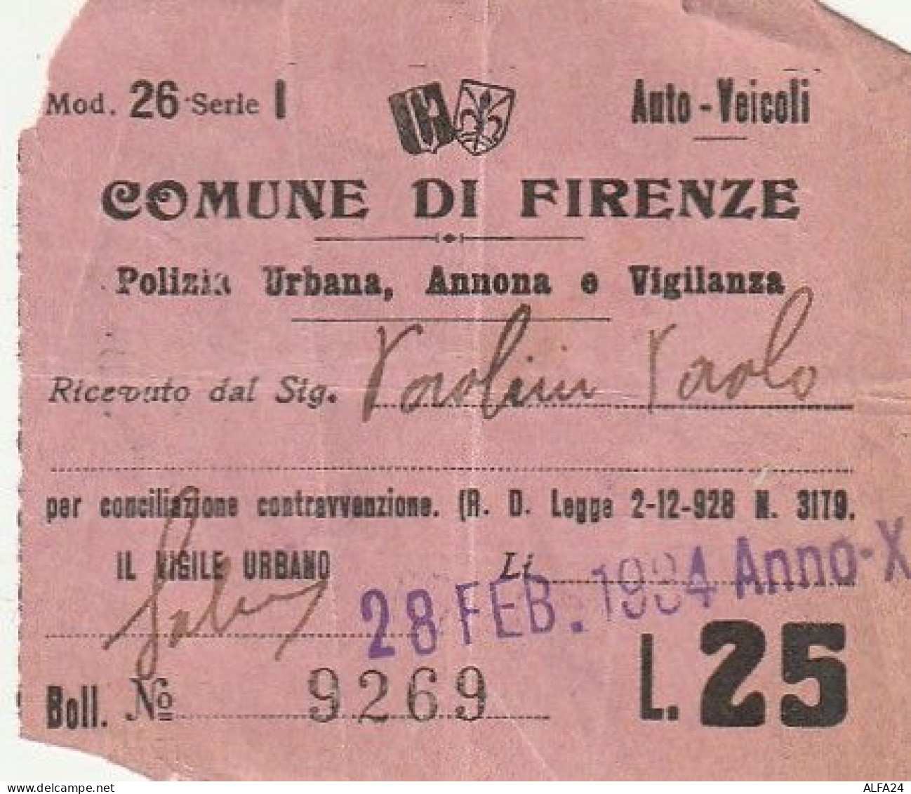RICEVUTA CONTRAVVENZIONE COMUNE FIRENZE 1934 (XT3768 - Italy