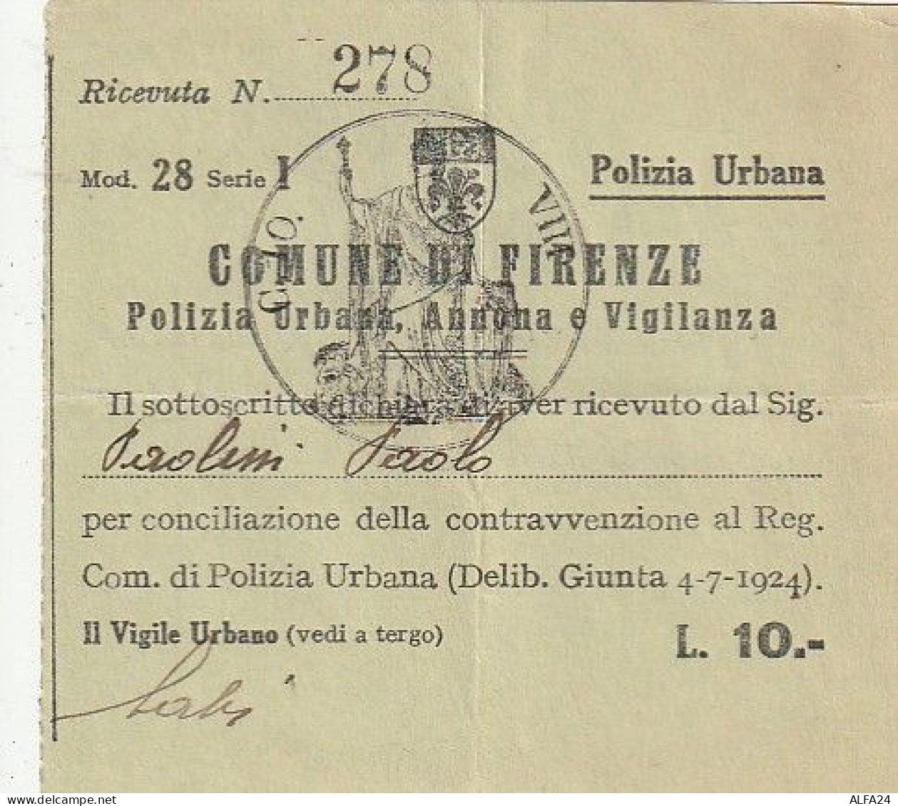 RICEVUTA CONTRAVVENZIONE COMUNE FIRENZE 1924 (XT3767 - Italien