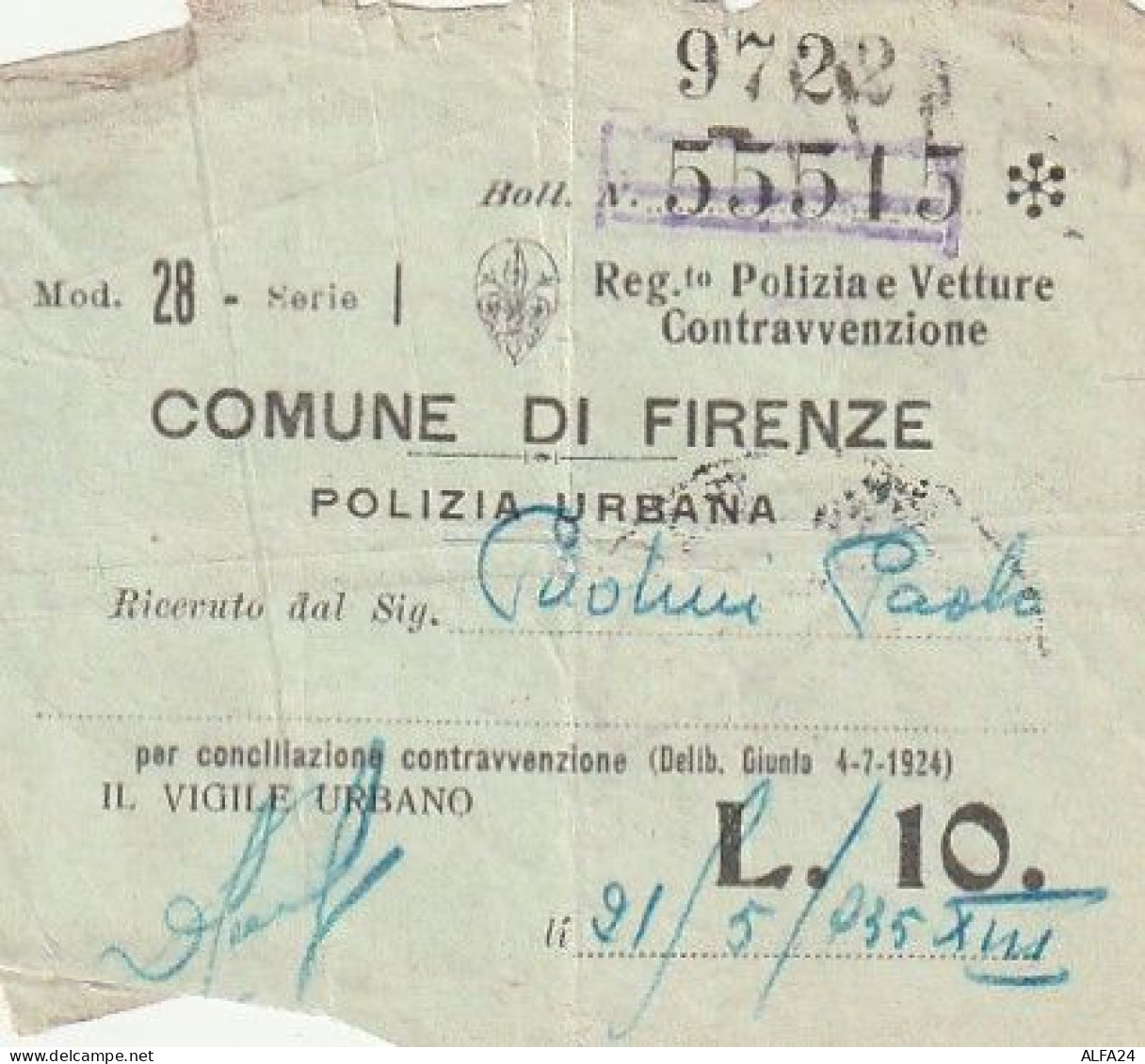 RICEVUTA CONTRAVVENZIONE COMUNE FIRENZE 1925 (XT3770 - Italia