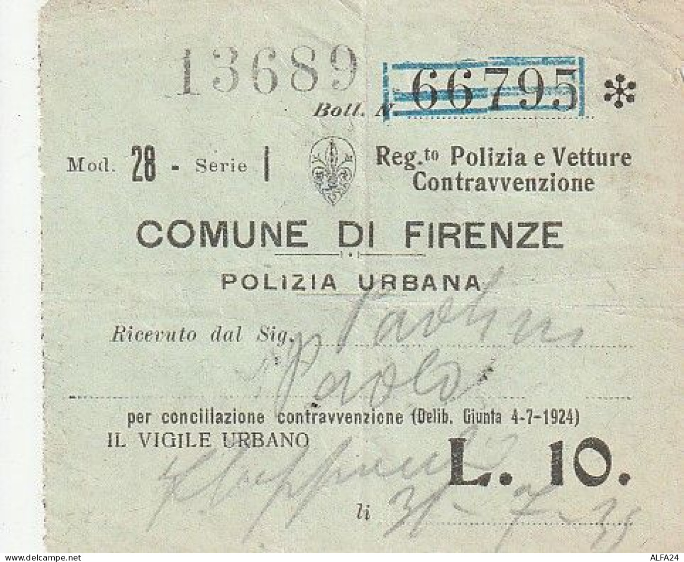 RICEVUTA CONTRAVVENZIONE COMUNE FIRENZE 1925 (XT3769 - Italy