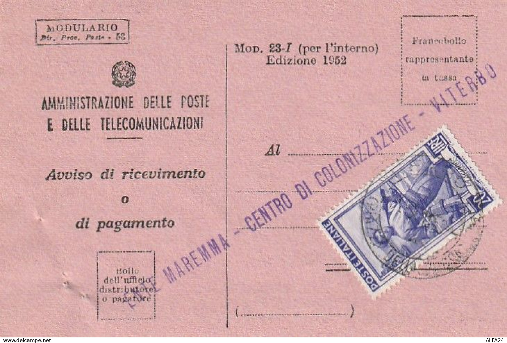 AVVISO RICEVIMENTO 1952 20 TIMBRO VITERBO (XT3748 - 1946-60: Poststempel