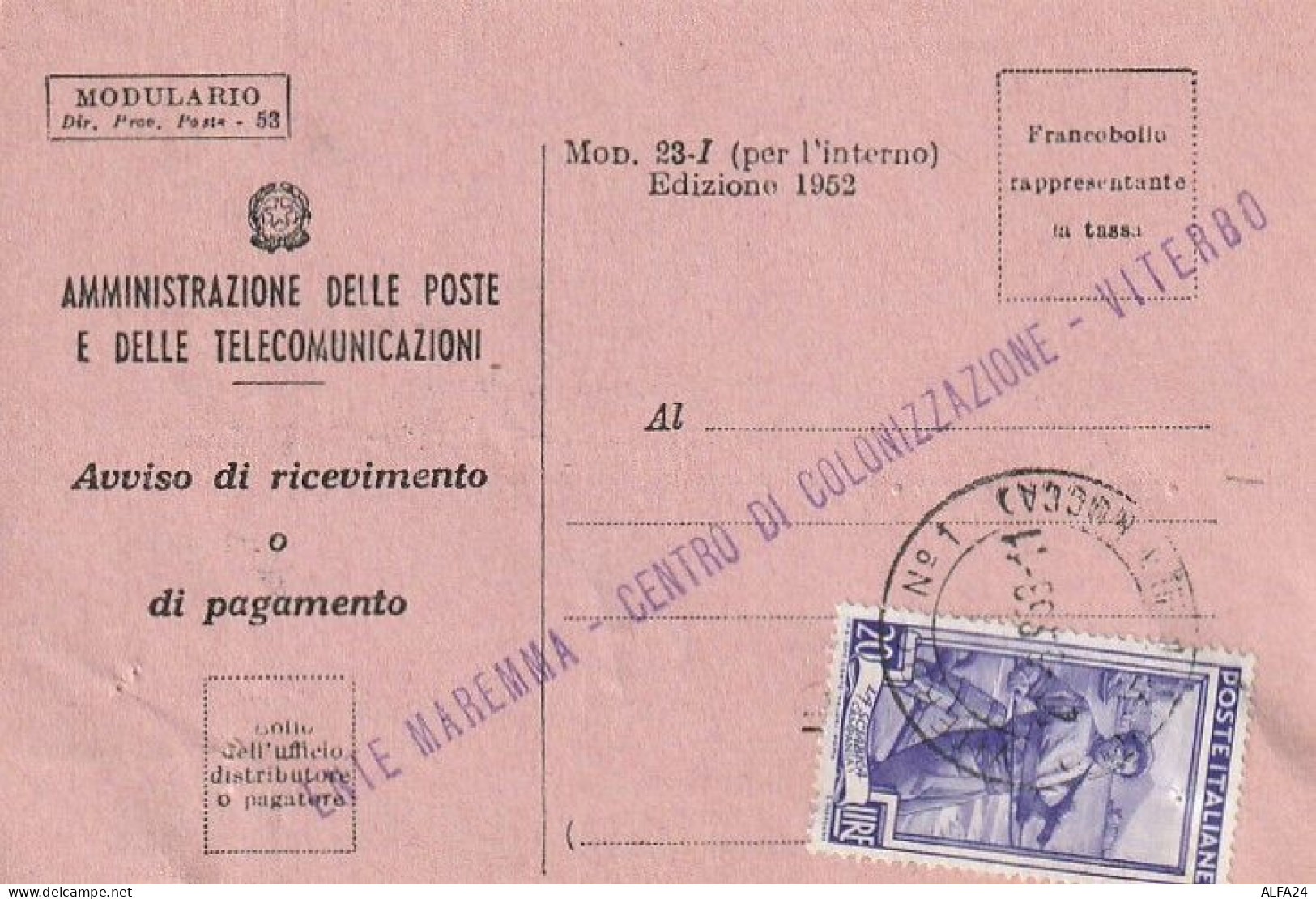 AVVISO RICEVIMENTO 1952 20 TIMBRO VITERBO (XT3749 - 1946-60: Storia Postale