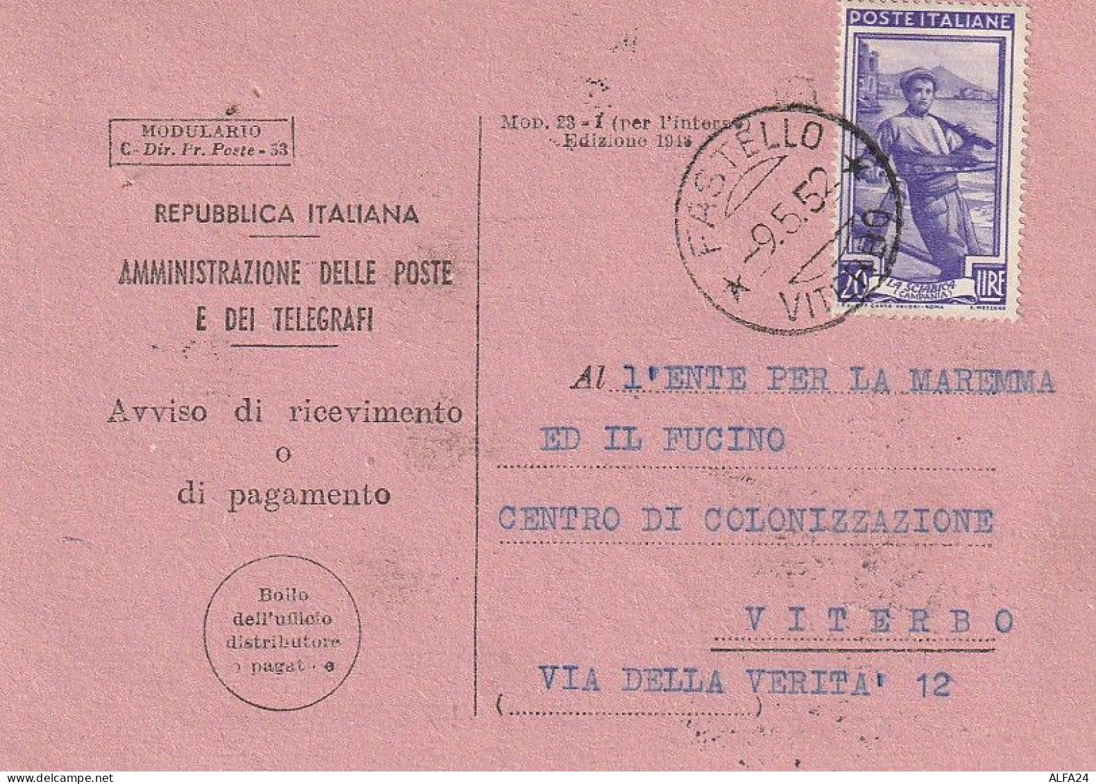 AVVISO RICEVIMENTO 1952 20 TIMBRO VITERBO (XT3744 - 1946-60: Marcophilia