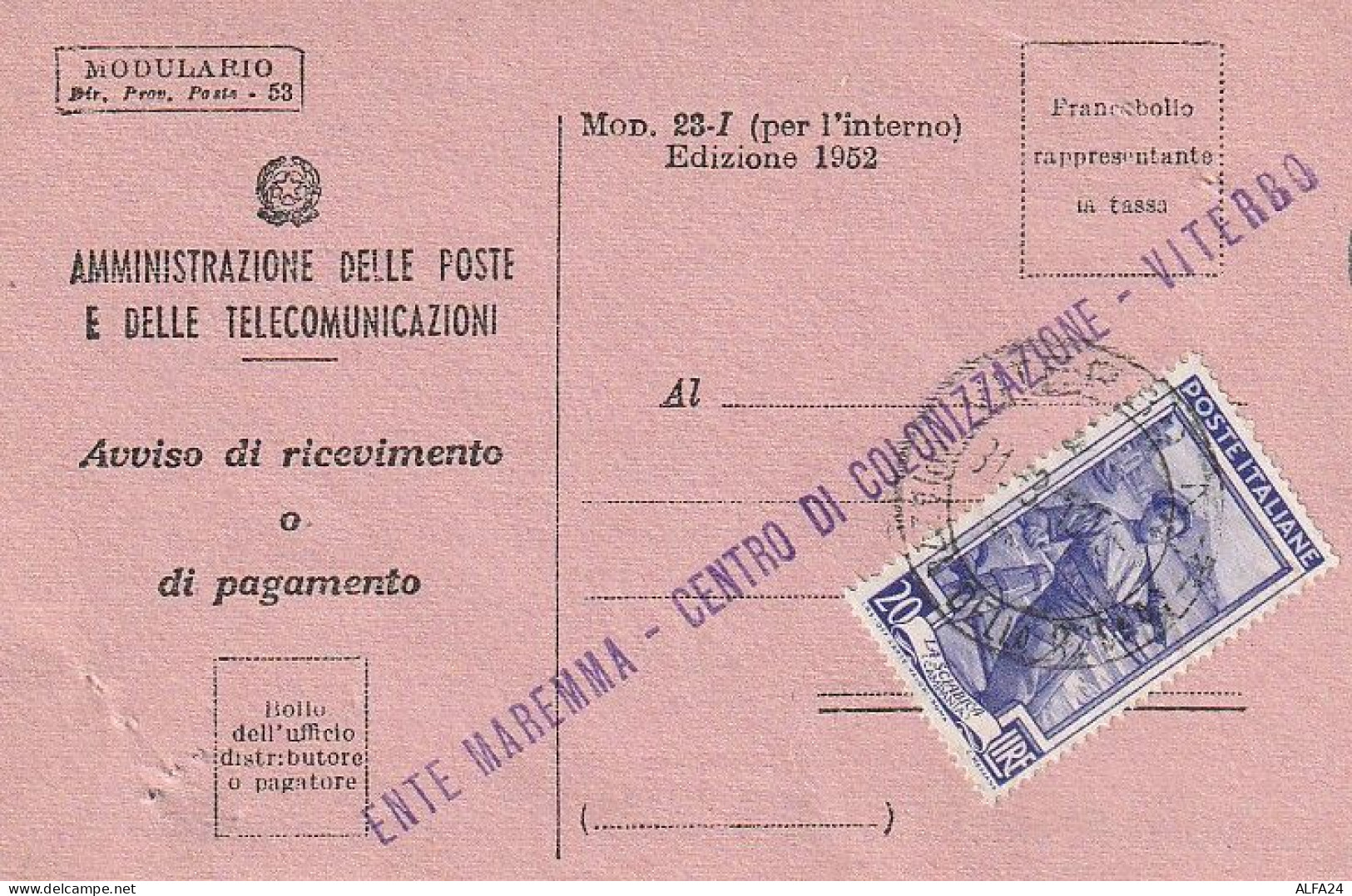 AVVISO RICEVIMENTO 1952 20 TIMBRO VITERBO (XT3738 - 1946-60: Storia Postale