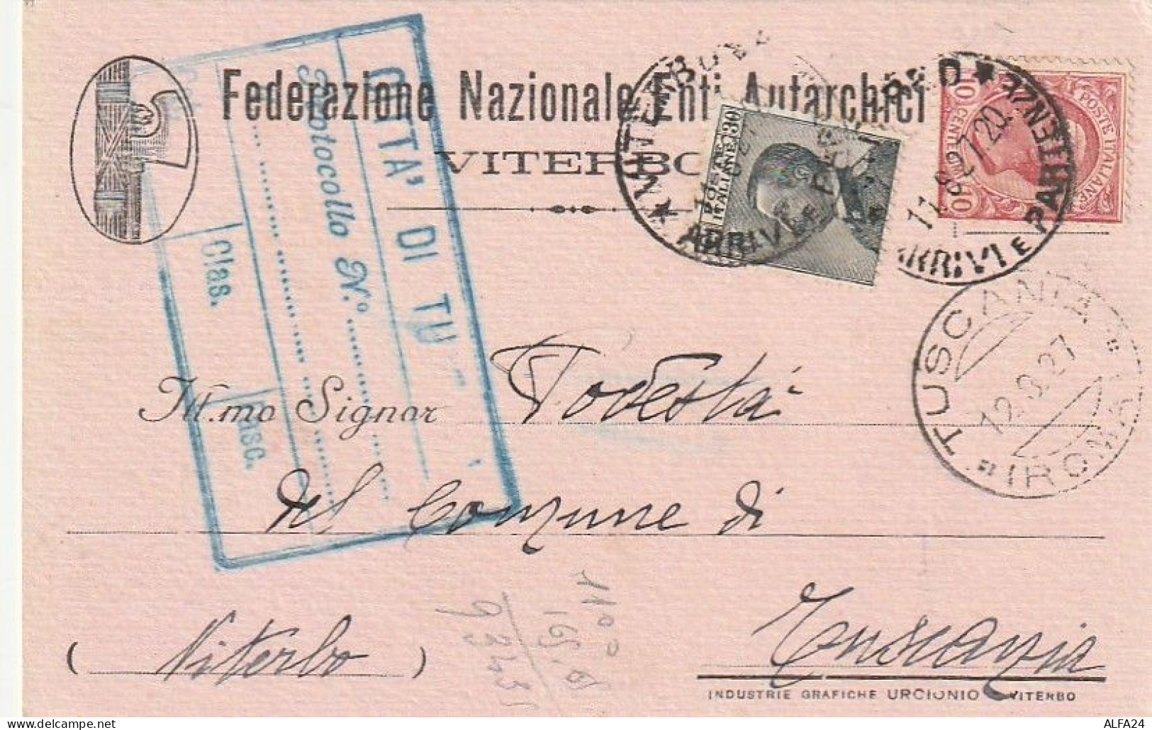 CARTOLINA POSTALE 1927 C.10+30 FEDERAZIONE NAZIONALE ENTI AUTARCHICI TIMBRO TUSCANIA (XT3727 - Marcofilía