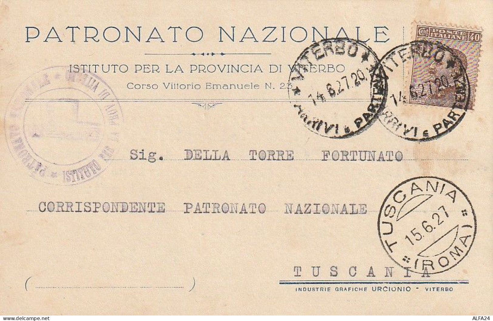 CARTOLINA POSTALE 1927 C.40 TIMBRO TUSCANIA VITERBO (XT3726 - Marcophilia