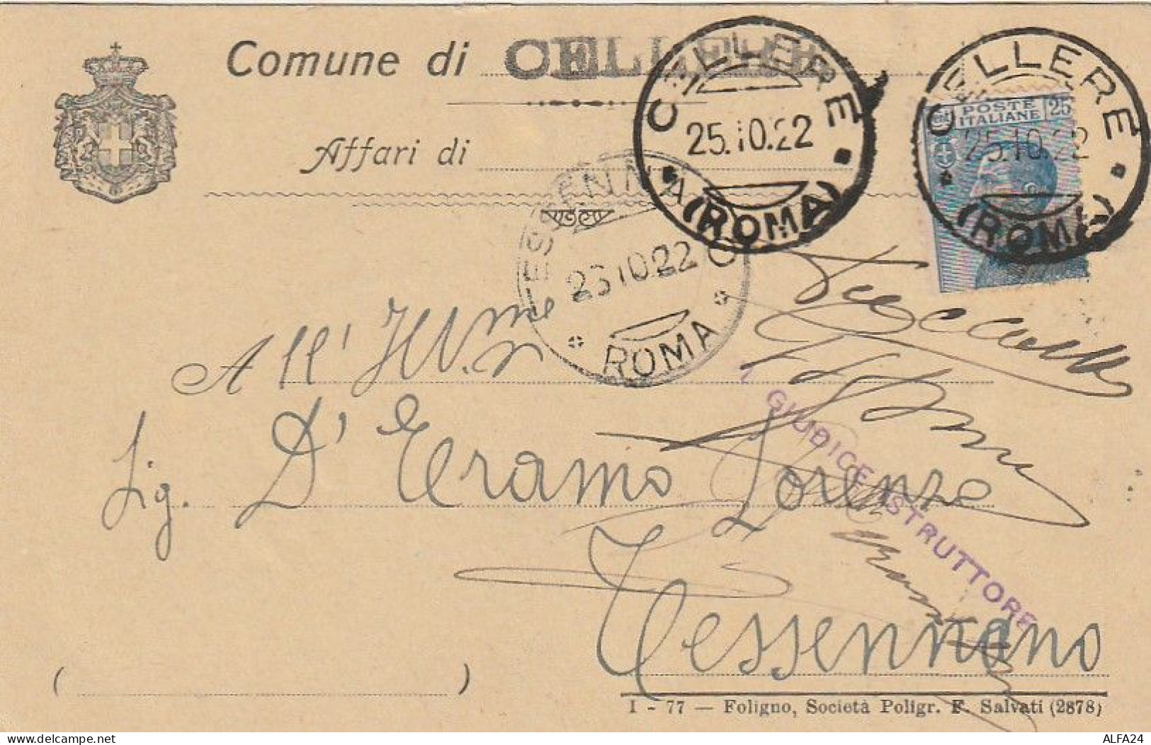 CARTOLINA POSTALE 1922 C.25 TIMBRO CELLERE TESSENNANO (XT3728 - Poststempel