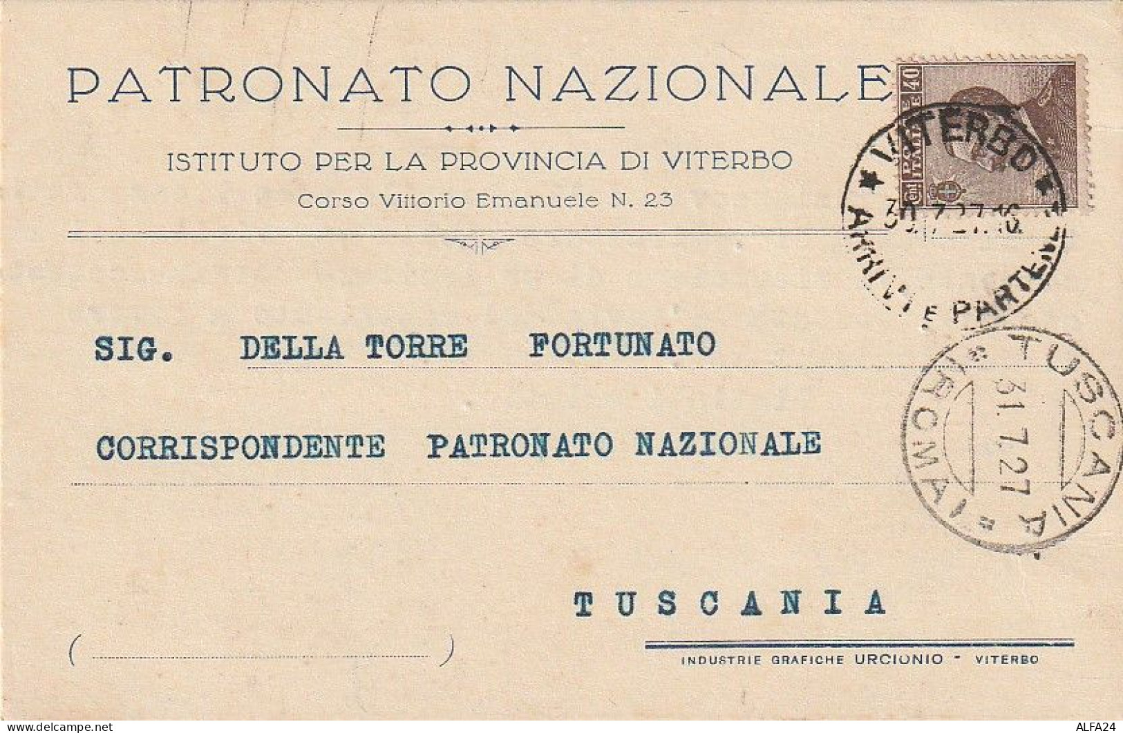 CARTOLINA POSTALE 1927 C.40 TIMBRO TUSCANIA VITERBO (XT3725 - Marcofilía