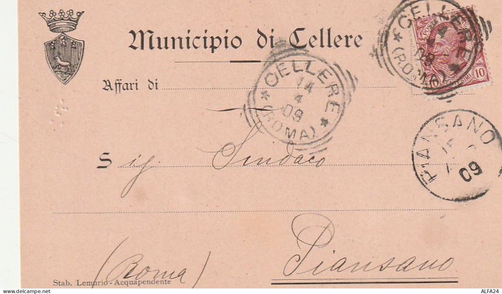 CARTOLINA POSTALE 1909 C.10 TIMBRO CELLERE PIANSANO (XT3717 - Marcofilía