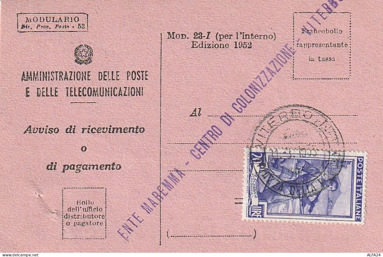 AVVISO RICEVIMENTO 1952 20 TIMBRO VITERBO (XT3711 - 1946-60: Storia Postale