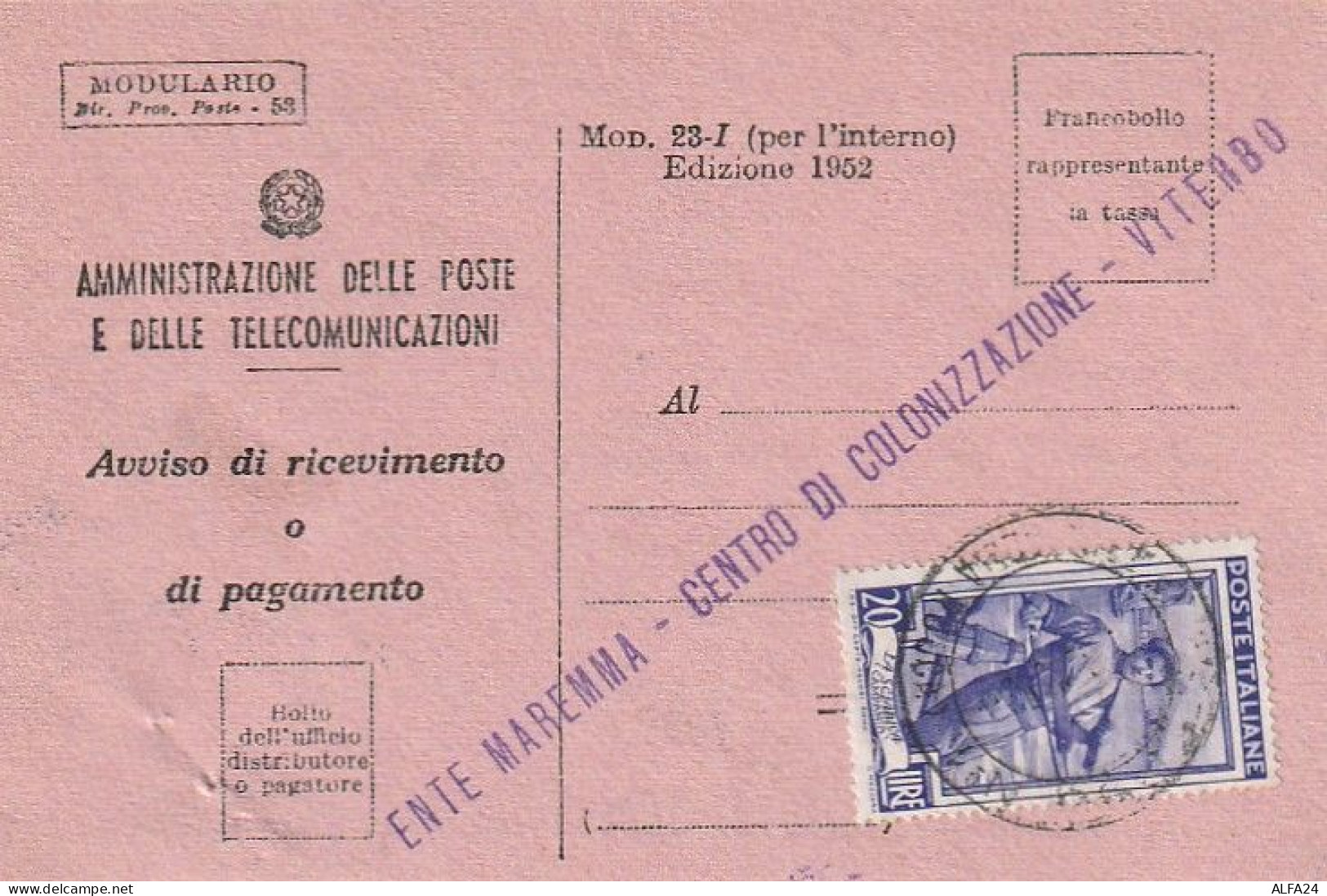 AVVISO RICEVIMENTO 1952 20 TIMBRO VITERBO (XT3710 - 1946-60: Storia Postale