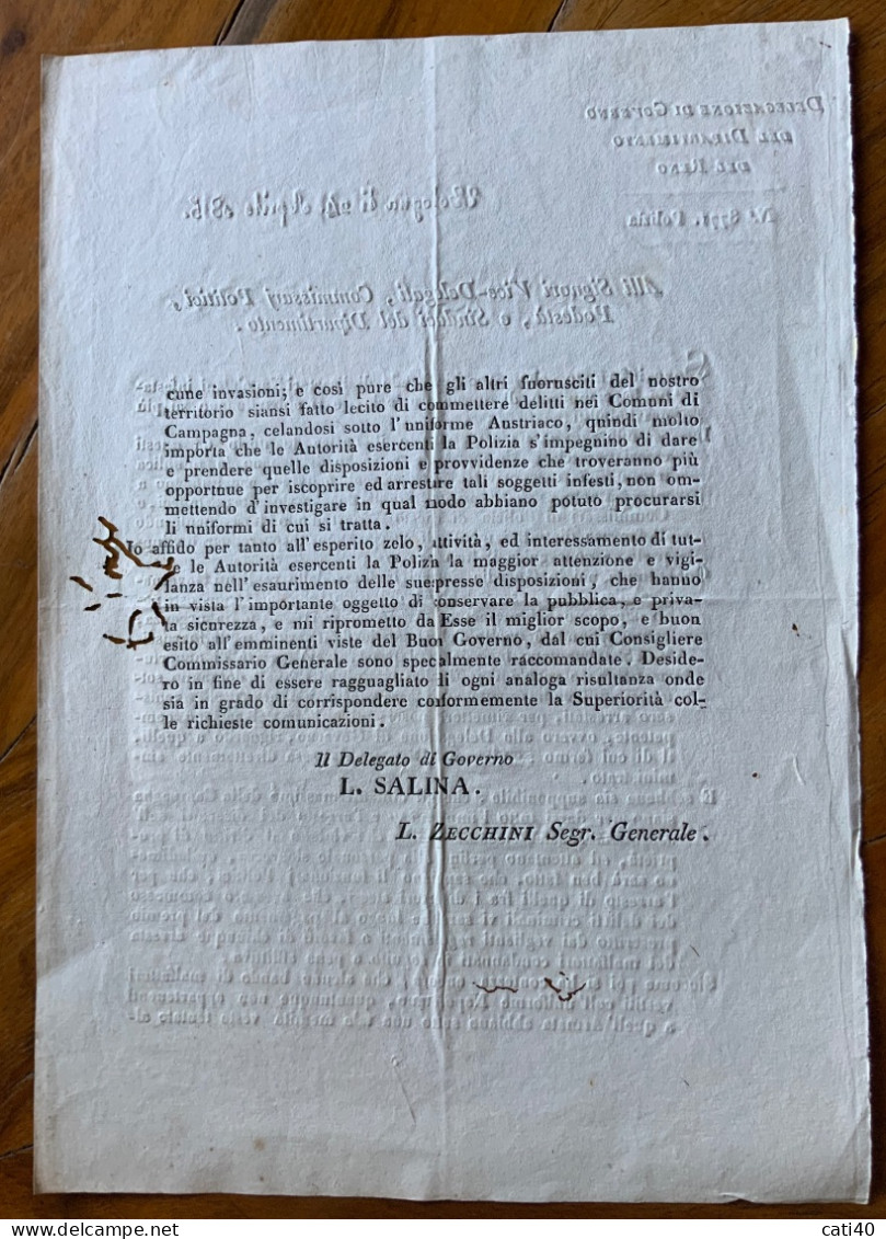 CIRCOLARE DI POLIZIA  - BOLOGNA 24/4/1815 - "..parecchie Bande Di Disertori Napoletani Infestano Le Campagne ...." - Documents Historiques