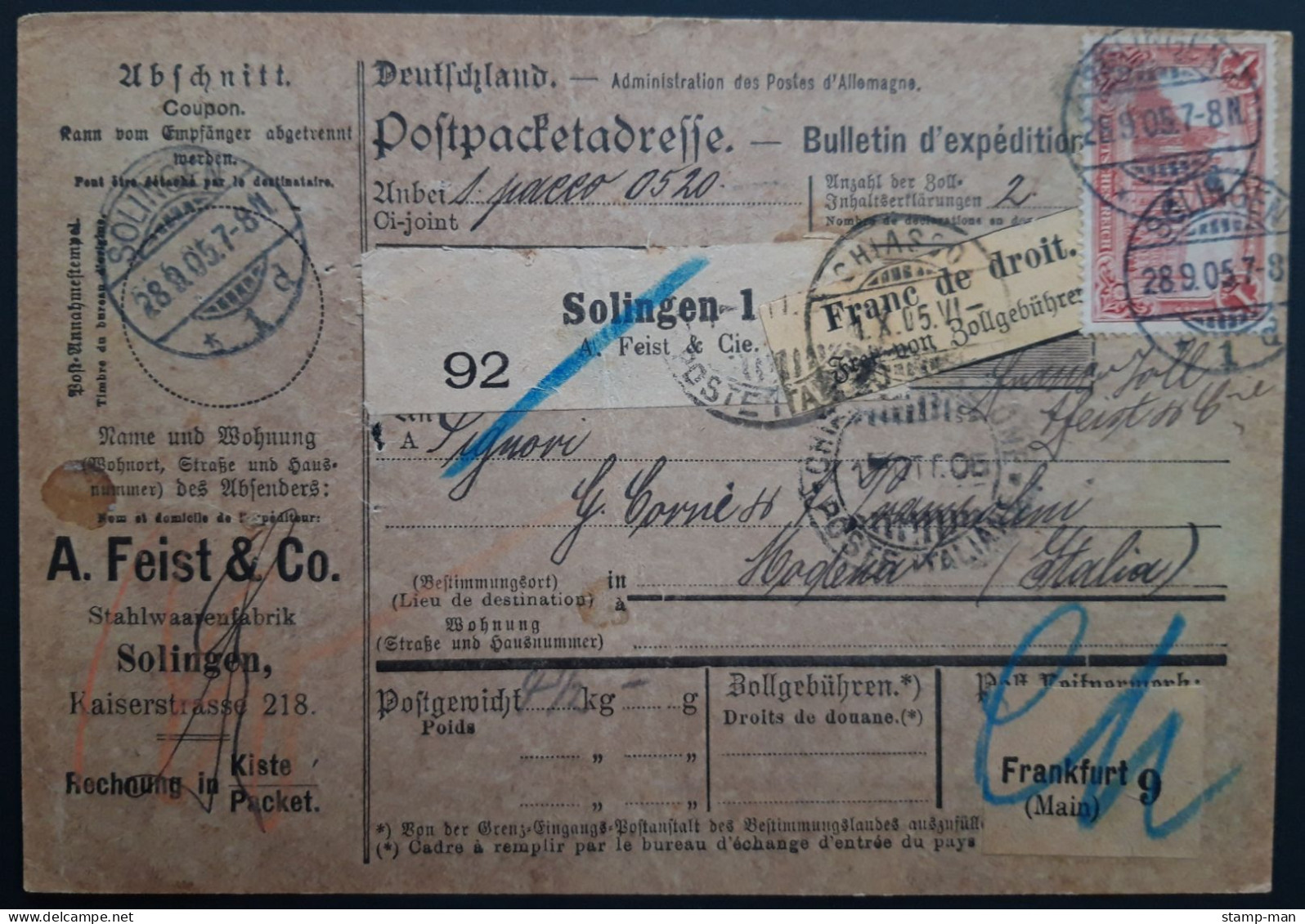 Deutsches Reich. 1905. Paketkarte Solingen-Modena (Italien). MiF MiNr 75 Und 78 A. - Briefe U. Dokumente