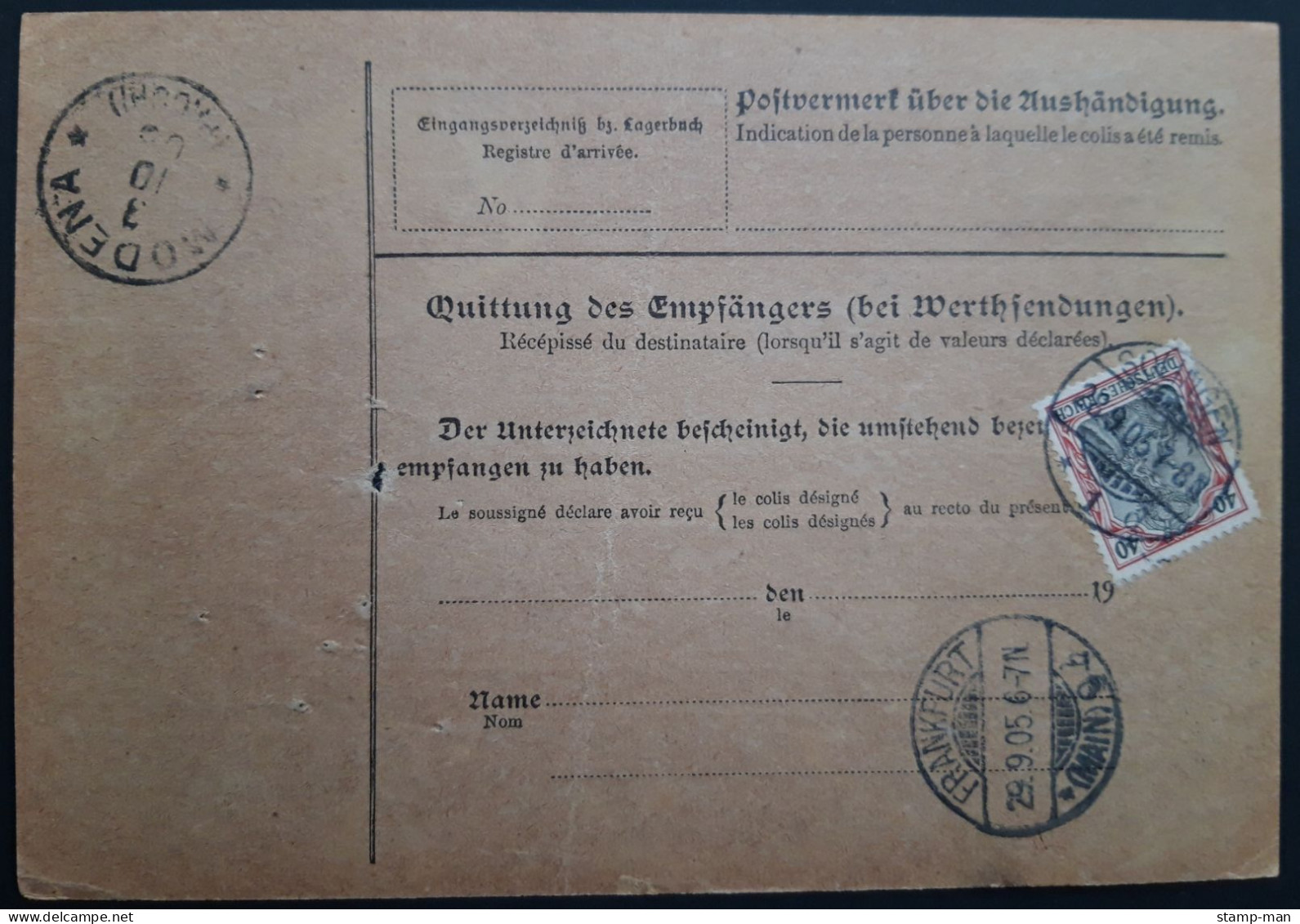 Deutsches Reich. 1905. Paketkarte Solingen-Modena (Italien). MiF MiNr 75 Und 78 A. - Brieven En Documenten