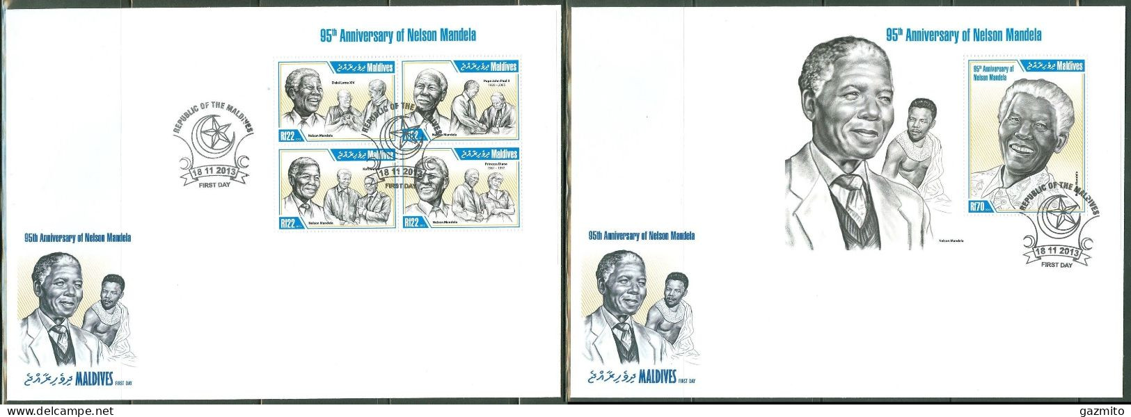 Maldives 2013, Mandela, 4val In BF +BF In FDC - Prix Nobel