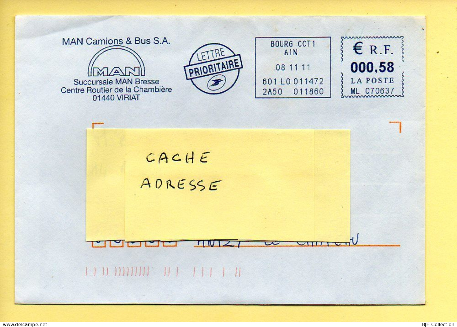 Oblitération Mécanique : R F LA POSTE – Bleu / 01 BOURG CCT1 Du 08/11/2011 / Camions Et Bus MAN - Mechanical Postmarks (Other)