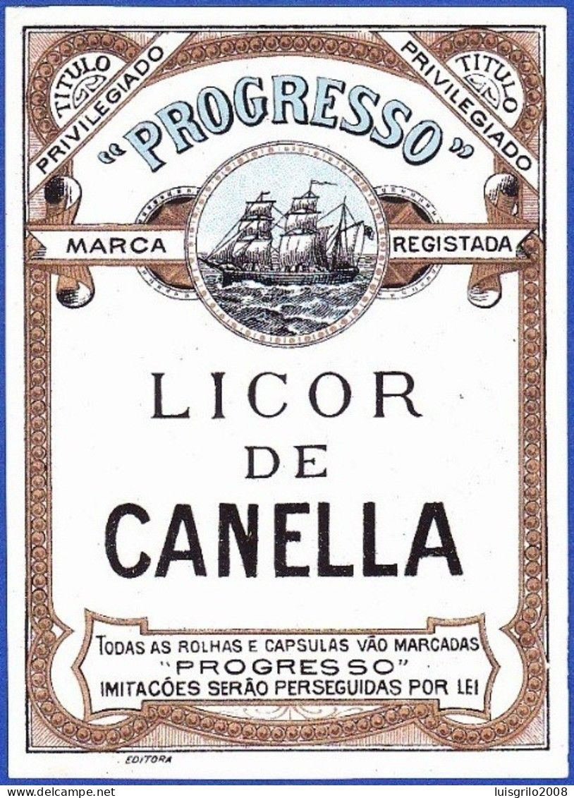 Old Liquor Label, Portugal - Licor De Canella. PROGRESSO - Alcohols & Spirits