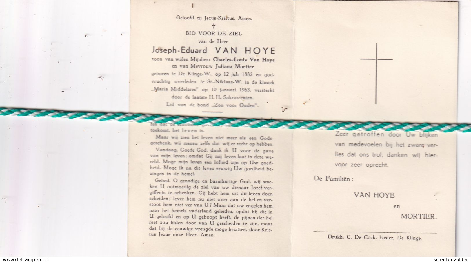 Joseph Eduard Van Hoye-Mortier, De Klinge-Waas 1882; Sint-Niklaas-Waas 1963 - Obituary Notices